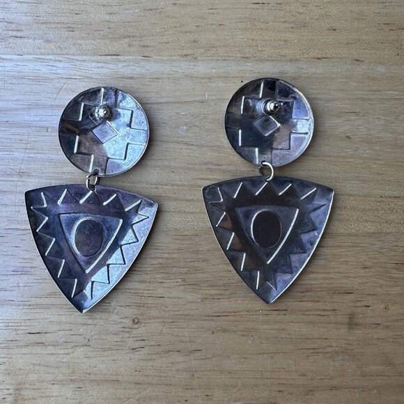 VTG Southwestern Style Earrings Dangle Drop Pierced Geometric Blue Black 2.5"‎ - Picture 3 of 5